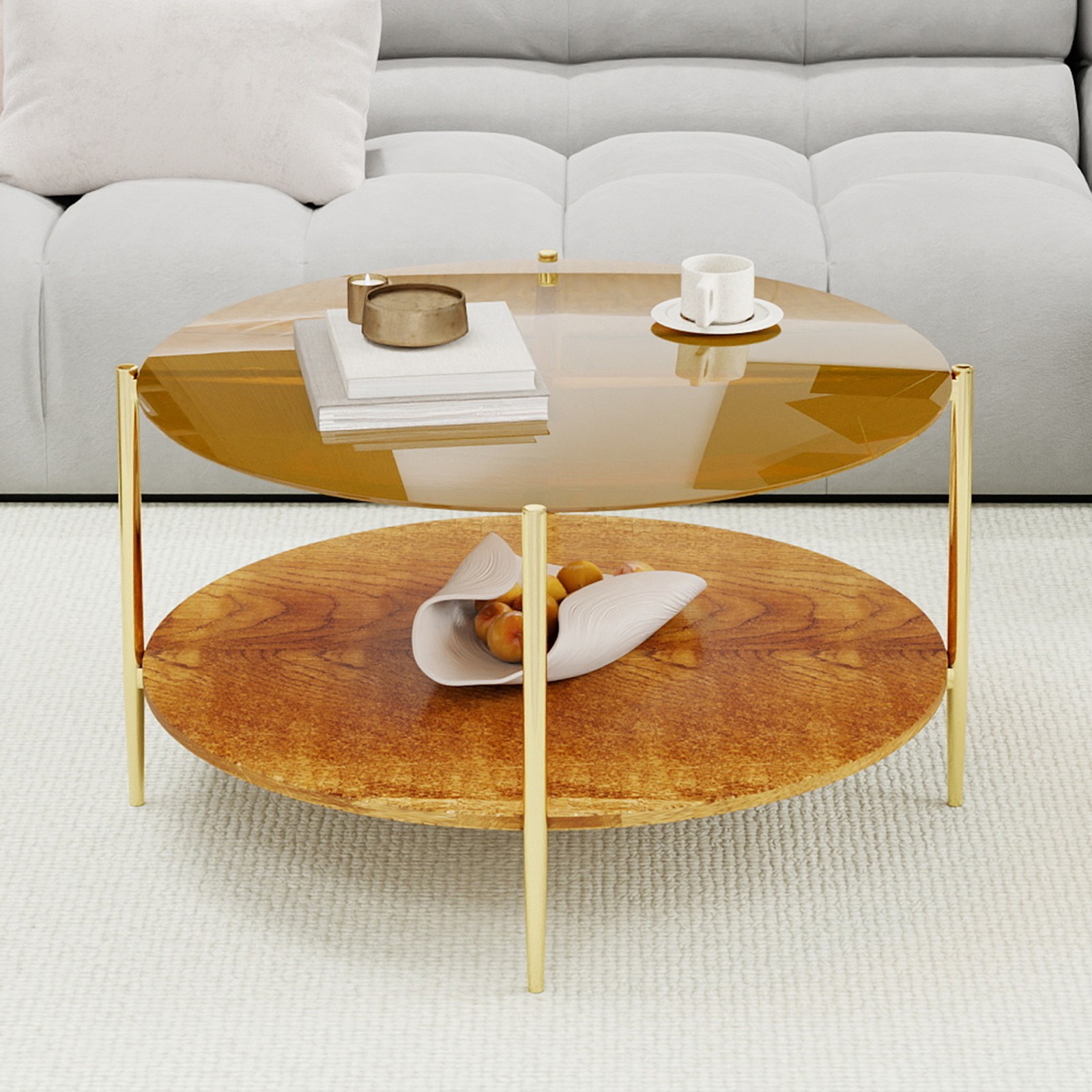 Round Coffee Table w/ 32in Tempered Glass, Gold Finish, Living Room