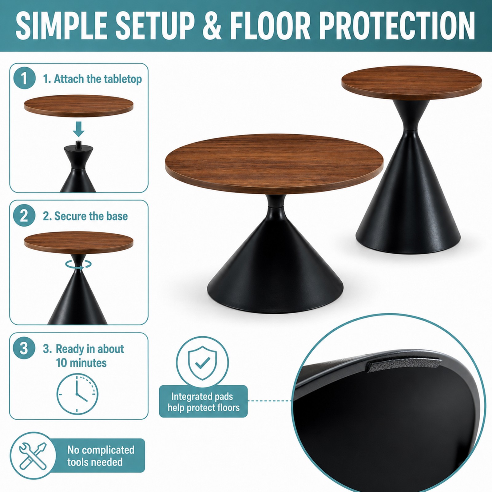 2-Piece Round Coffee Table Set, Walnut Pattern MDF Top, Steel Base, Black
