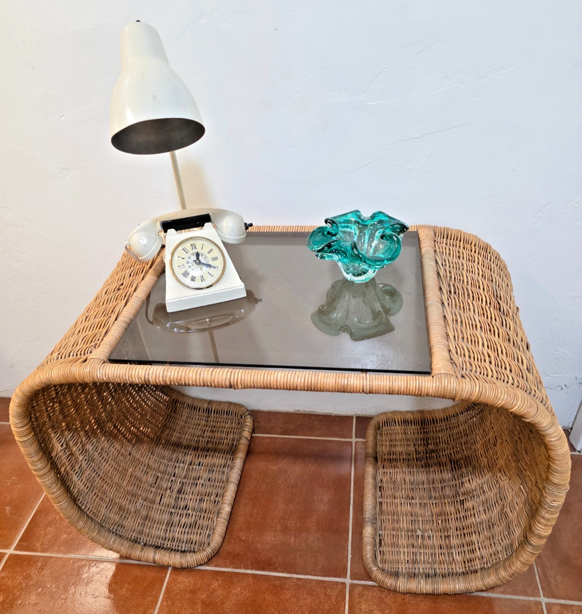 Vintage 1970s Wicker Waterfall Side End or Coffee Table Smoky Glass Top MCM Boho