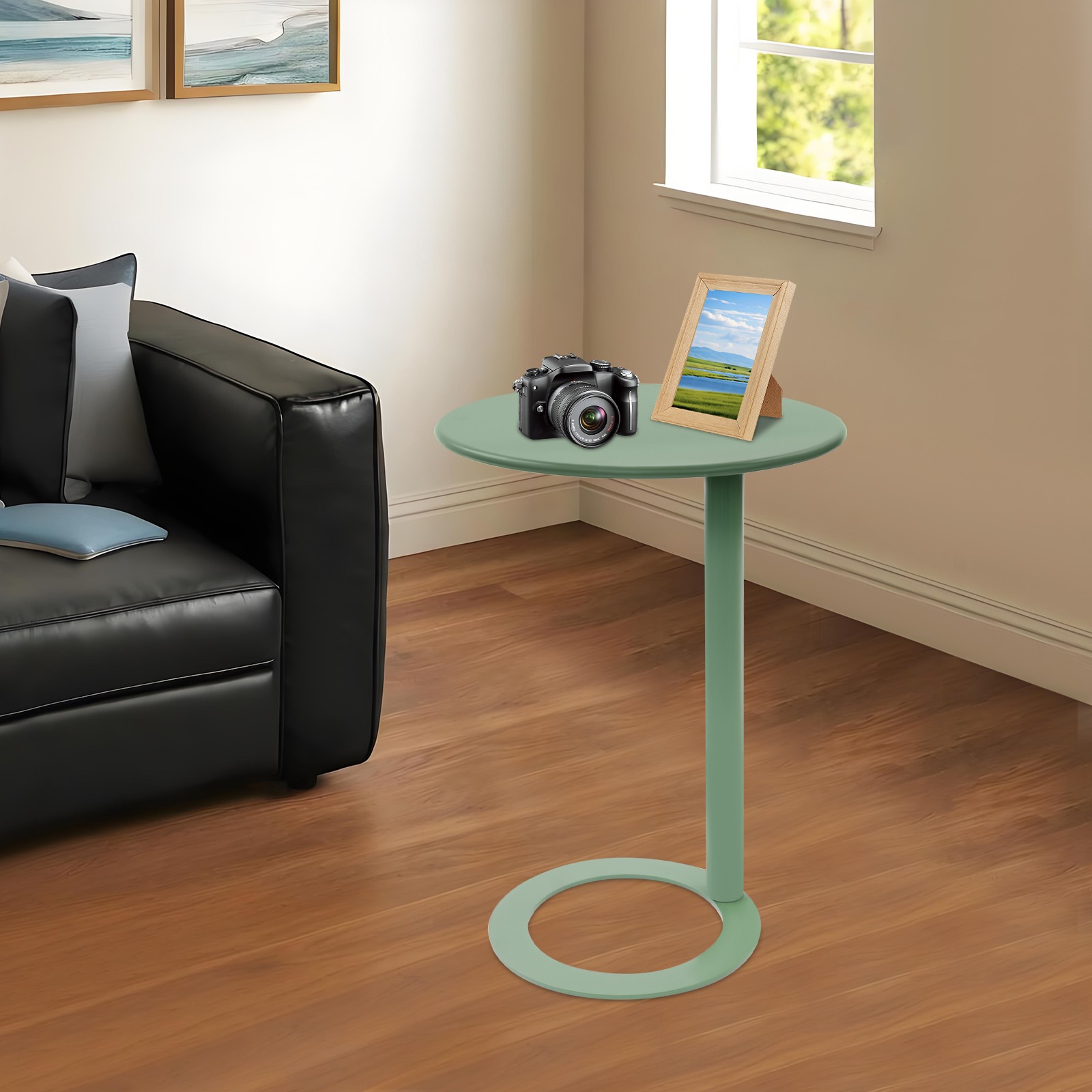 Round C-Shaped Side Table Stable O-Base Heavy Duty for Indoor Small Spaces