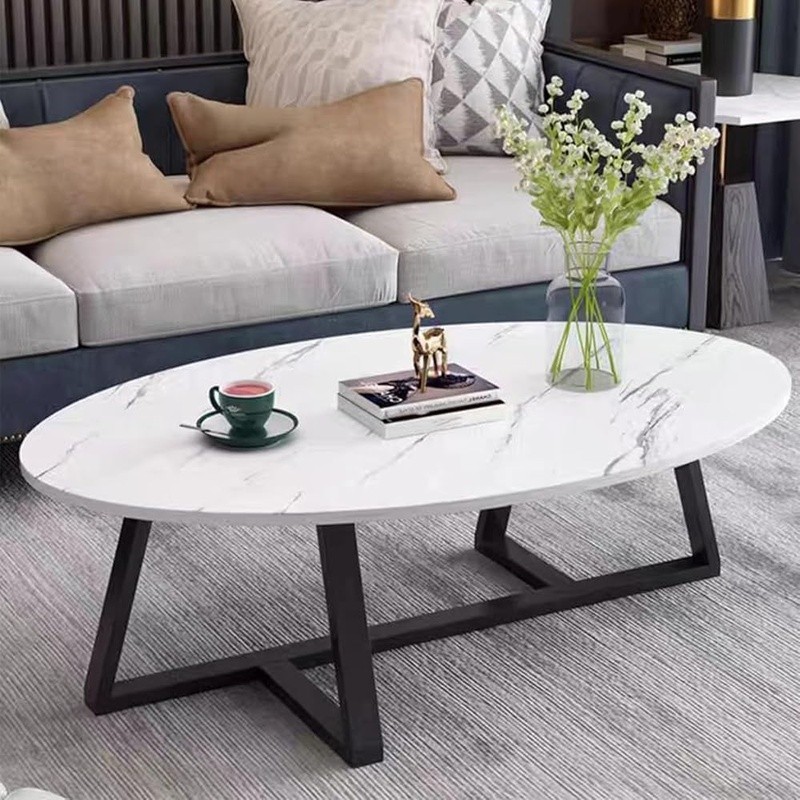 Oval Coffee Table Modern Marble Finish Sturdy Metal Legs Easy Assembly New