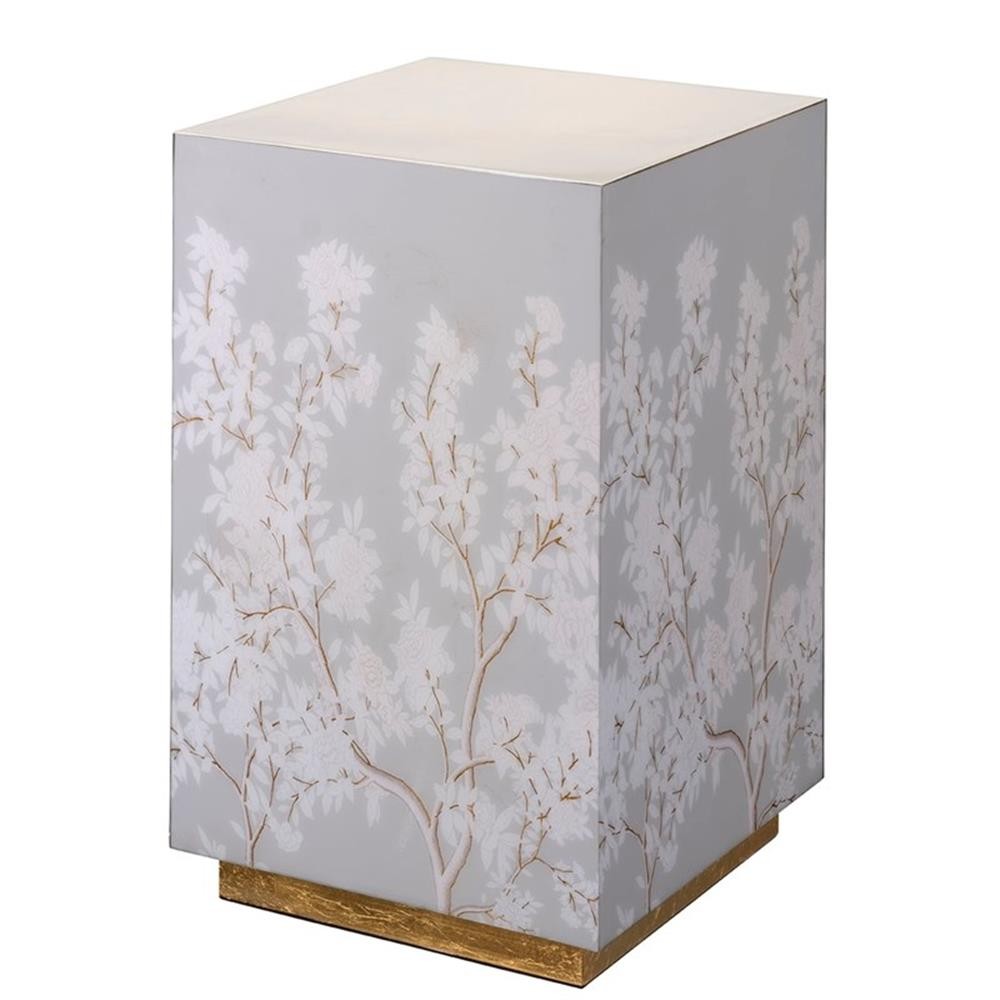 Maklaine Lacquered Floral Paper and Gold Leaf Accent Side Table in Dove
