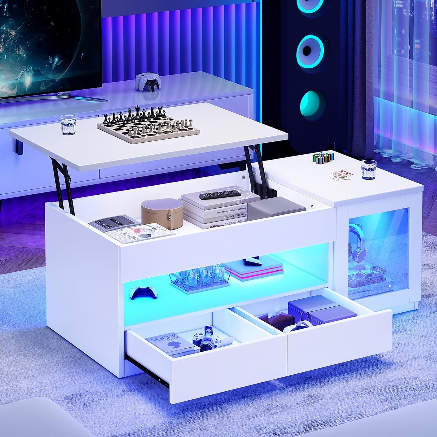39.4″ Lift Top Coffee Table with Glass Storage Cabinet, Modern LED Coffee Table
