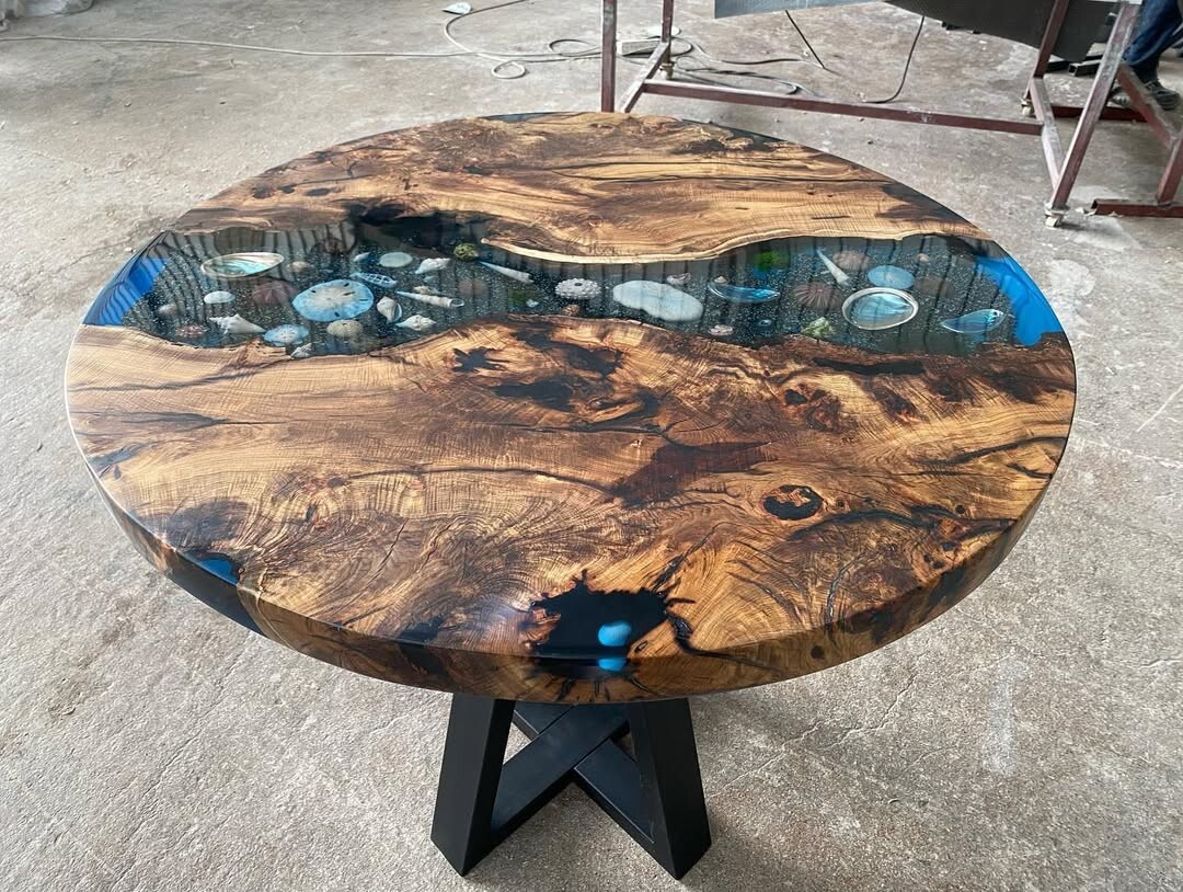 Round Blue Epoxy Resin Tabletop | Ocean Wave Design | Handmade Coastal Furniture