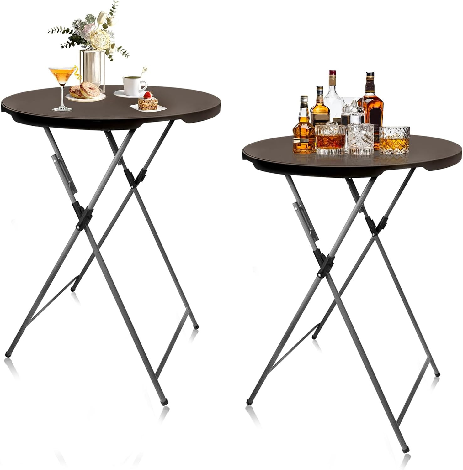 32In round Folding Cocktail Table Bar Height Brown 2 Pack | 32In round Bar Heigh