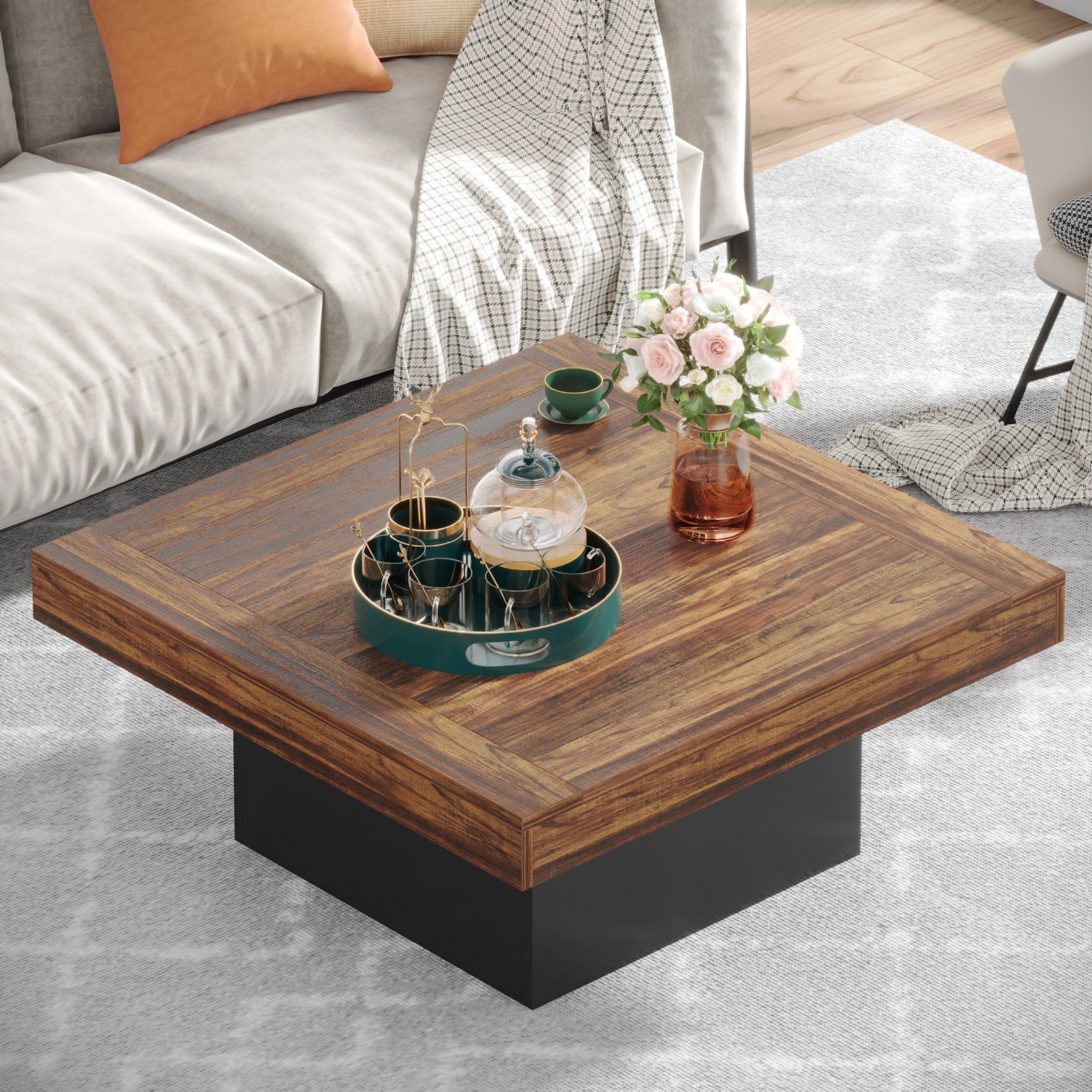 35″ Modern Square Coffee Table with Led Light, Wood Center Table for Living Room
