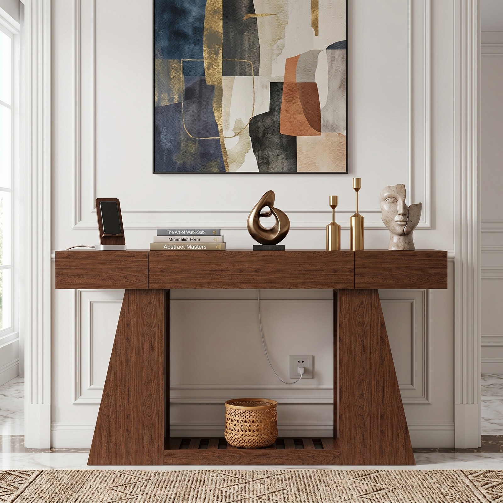 60 Inch Narrow Console Table with Built-in Power Outlet, Farmhouse Sofa Table