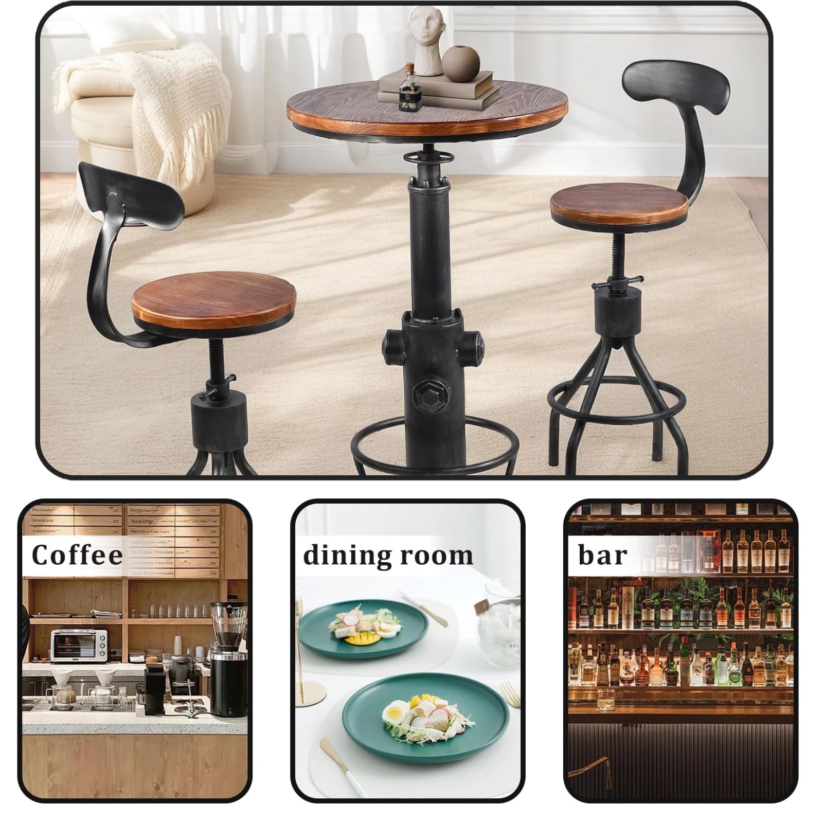 Industrial Bistro Bar Table 38.6-44.4inch Height Adjustable Farmhouse Pub Tab…