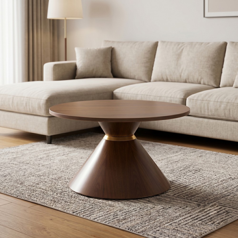 2-Piece Round Coffee Table Set, Walnut Top Metal Base, Nut Brown