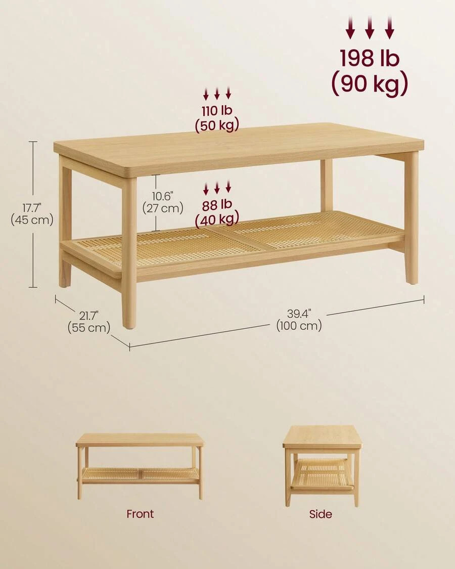 2-Tier Coffee Table Rectangular Center Table PVC Rattan Storage