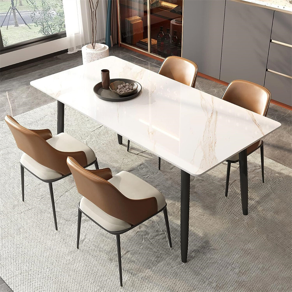 White Dining Table for 4-6 Kitchen Table with Marble Sintered Stone Table Top
