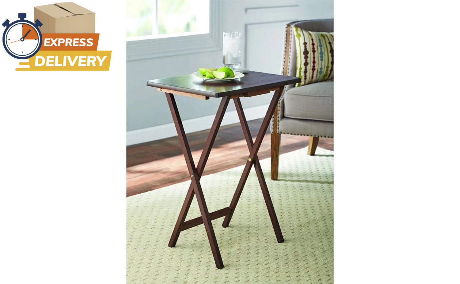 Modern Indoor Folding Tray Table Set of 2, Walnut Finish, 19 X 14.5 X 26 Inches