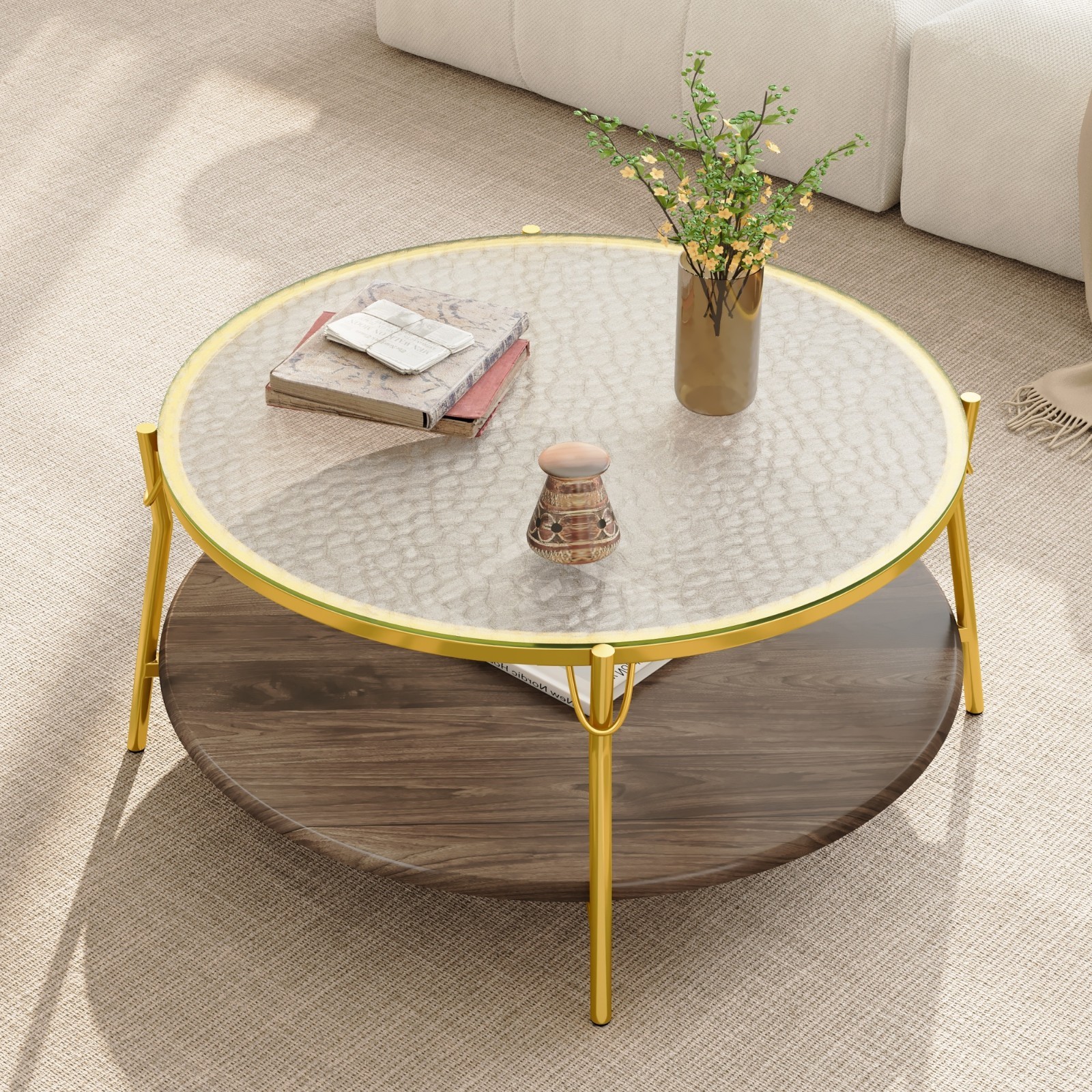 Modern Round Coffee Table Center Table w/ Tempered Glass Tabletop Gold Metal Leg