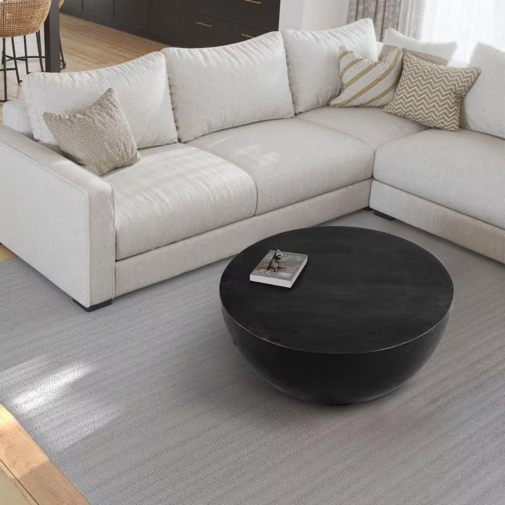 30 In. Matte Black round Drum Shape Solid Mango Wood Art Coffee Table with Platf