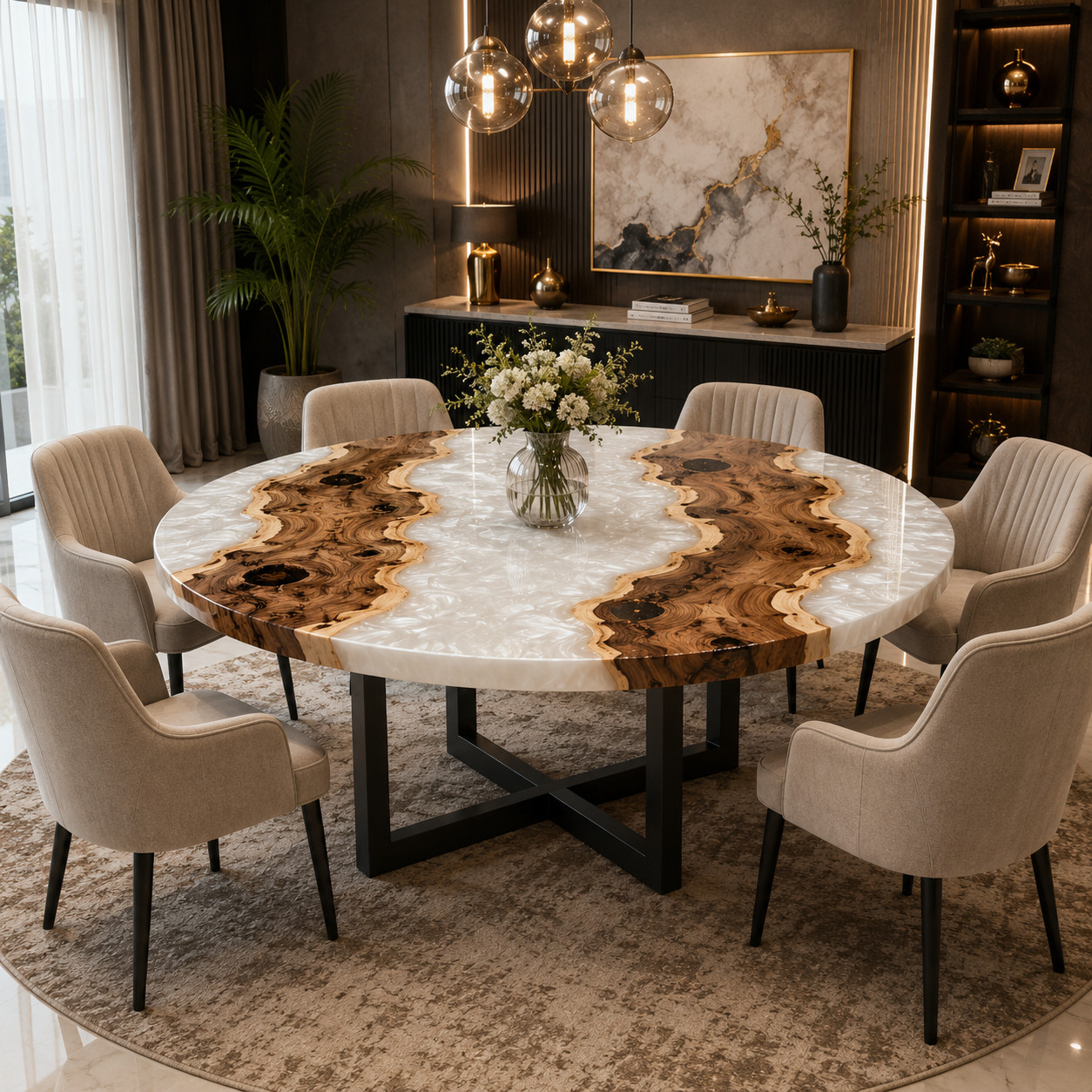 Luxury Live Edge Olive Wood & Pearl White Epoxy River Round Dining Table | 18X18