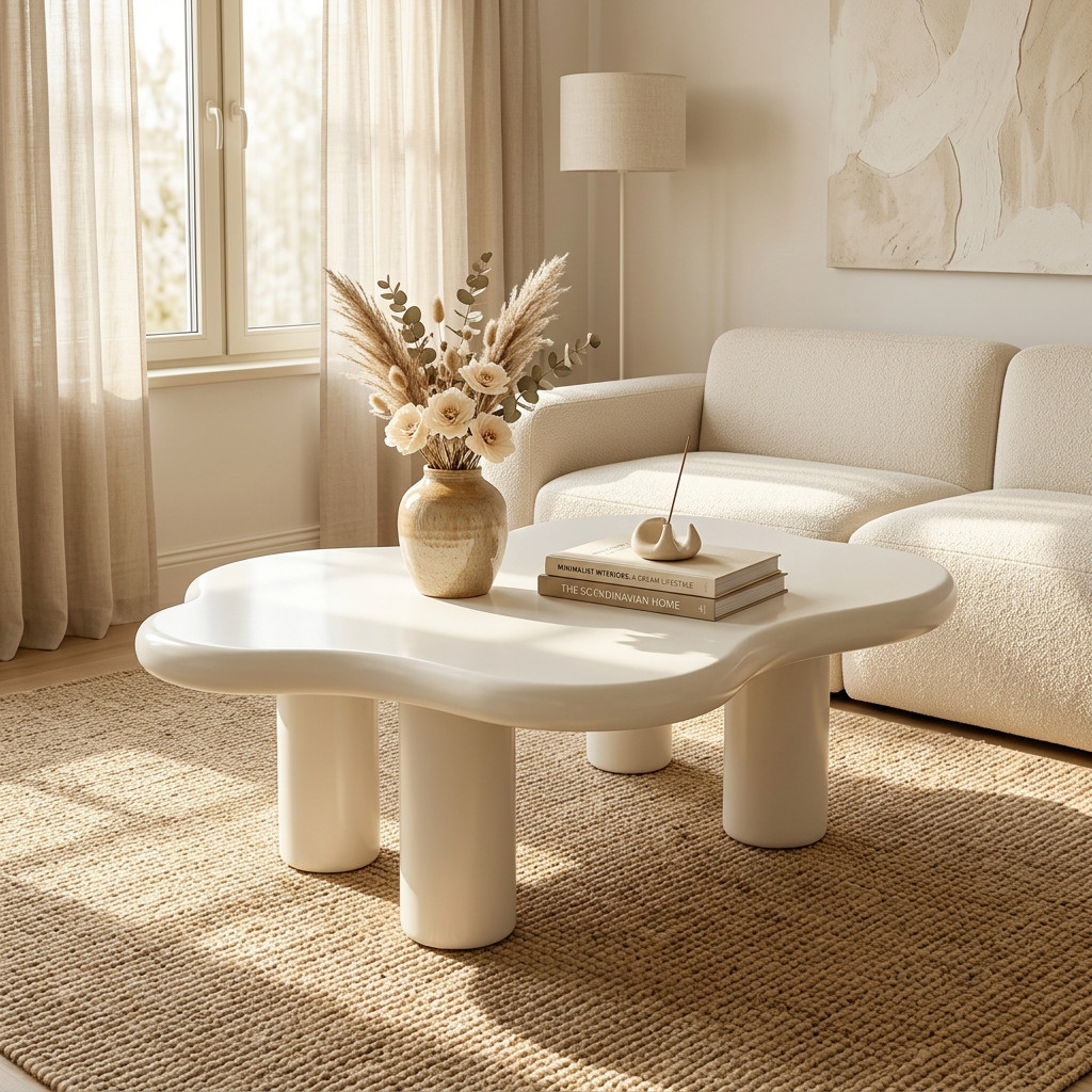 40” Cream Cloud Coffee Table for Living Room, Modern Irregular Center Tea Table