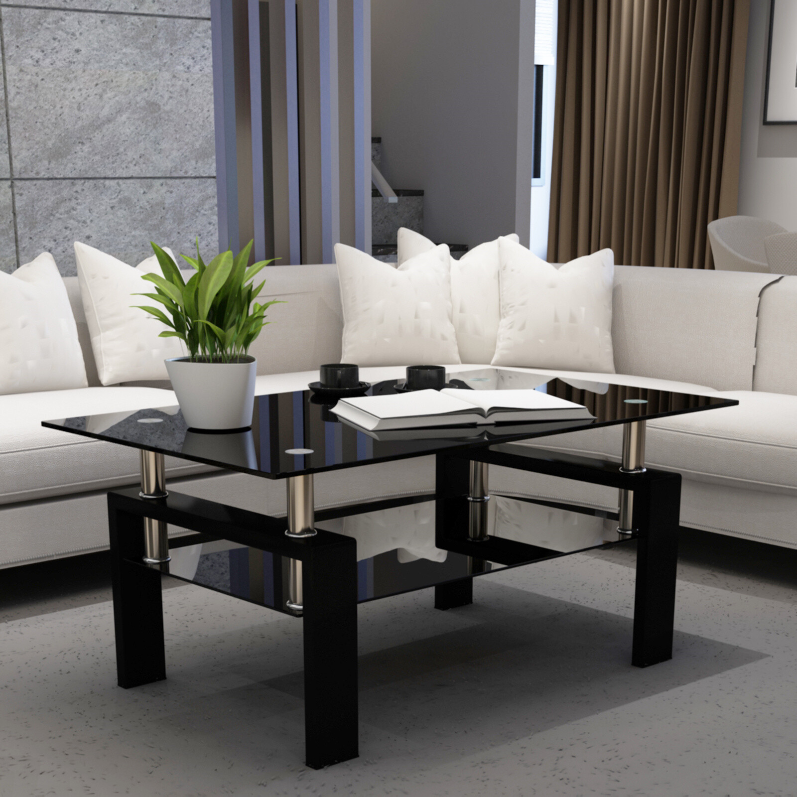 Modern Rectangle Glass Coffee Table Side Center Table with Shelf for Living Room