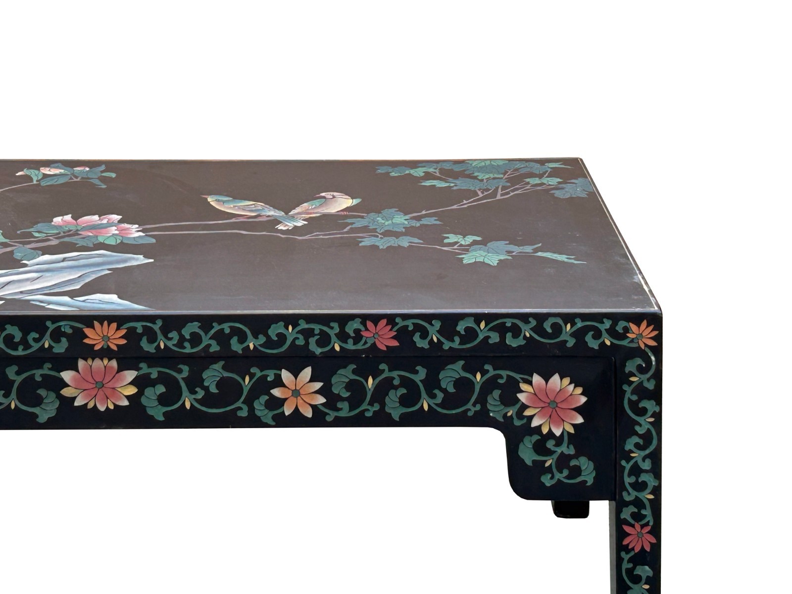 Chinese Black Lacquer Flower Birds Graphic Rectangular Low Coffee Table GB144