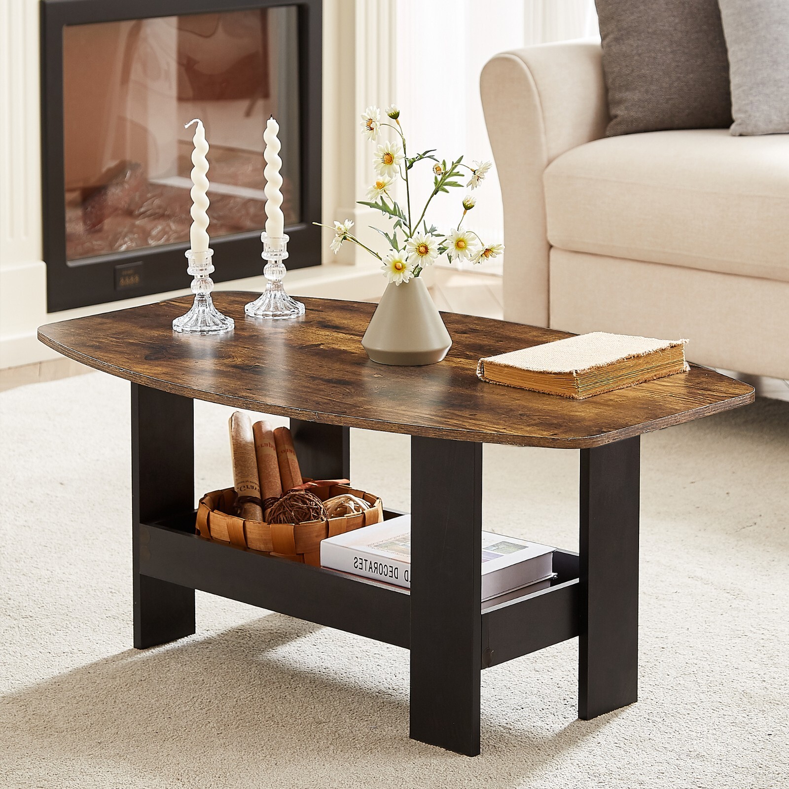 VECELO Rustic Brown Oval Wooden Top Coffee Table with Storage Shelf End Table