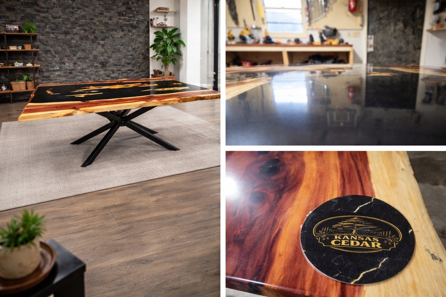 Kansas Cedar Live Edge Resin Rectangular Dining Table, Black/Brown Glossy Finish
