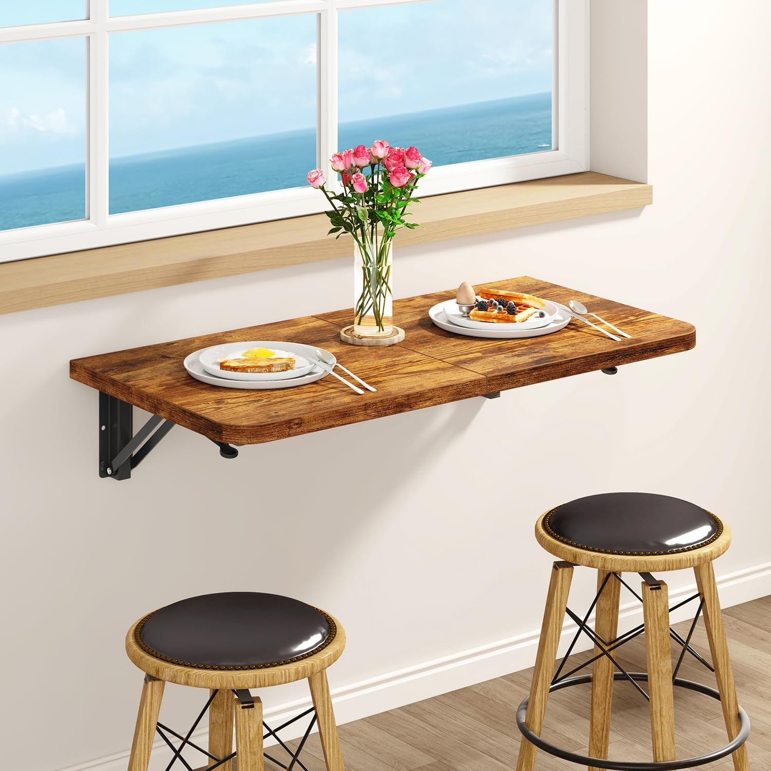 Wall Mounted Folding Table Floating Wall Desk Heavy-Duty Brackets Black Office