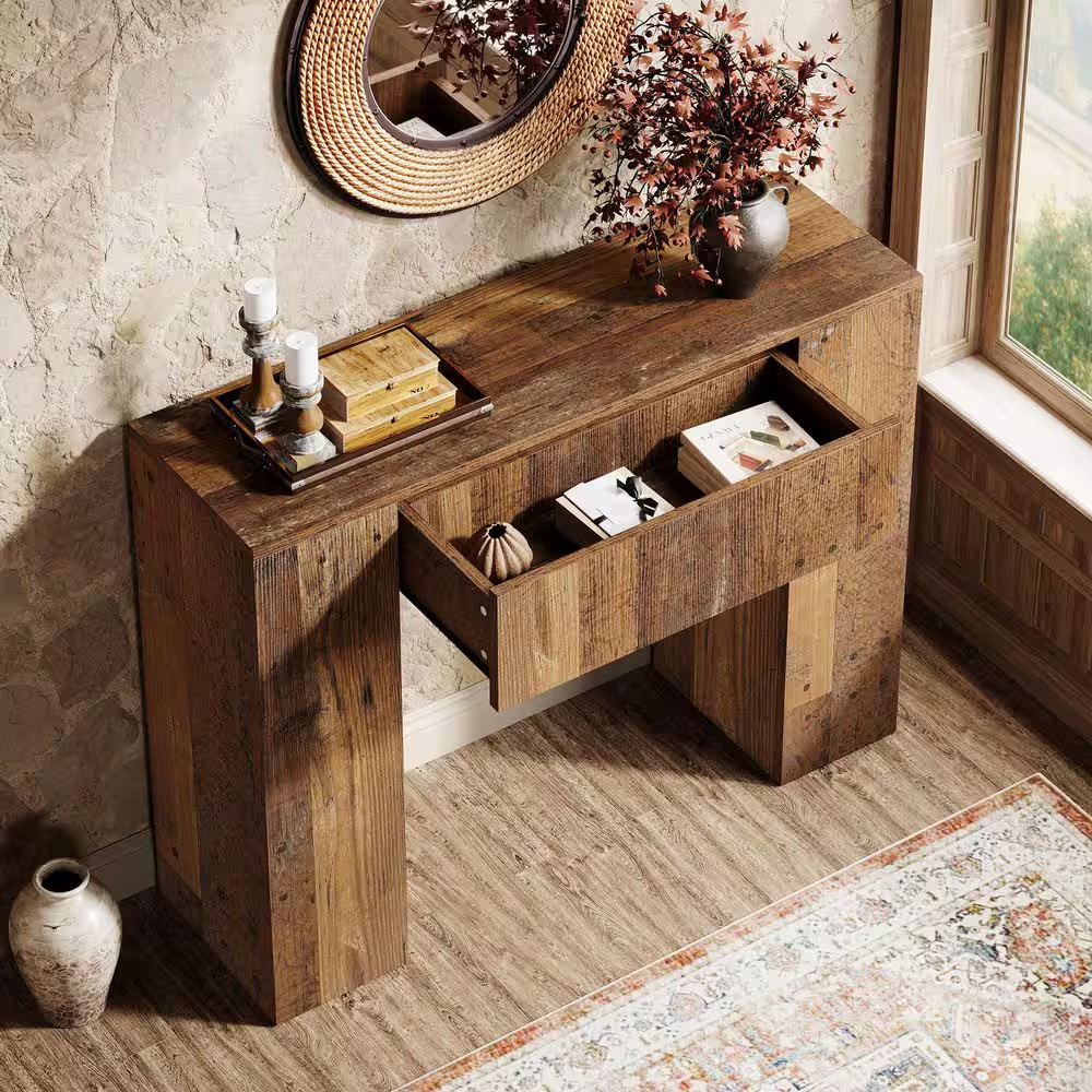 39 In. Brown Rectangle Wood Small Console Table with Drawers for Narrow Entryway