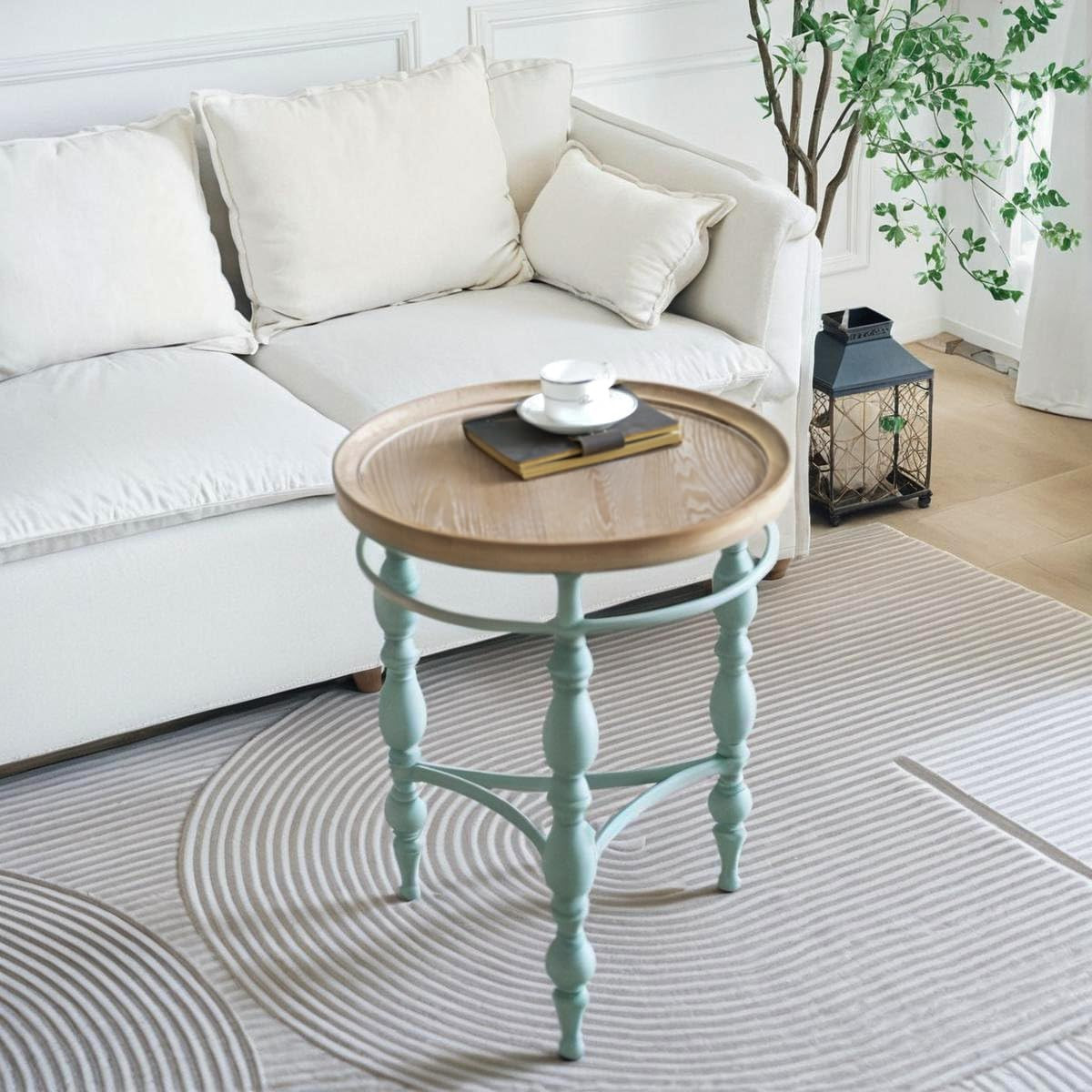 Rustic Farmhouse Round End Table with Vintage Iron Legs, 20.1” x 23.6”H