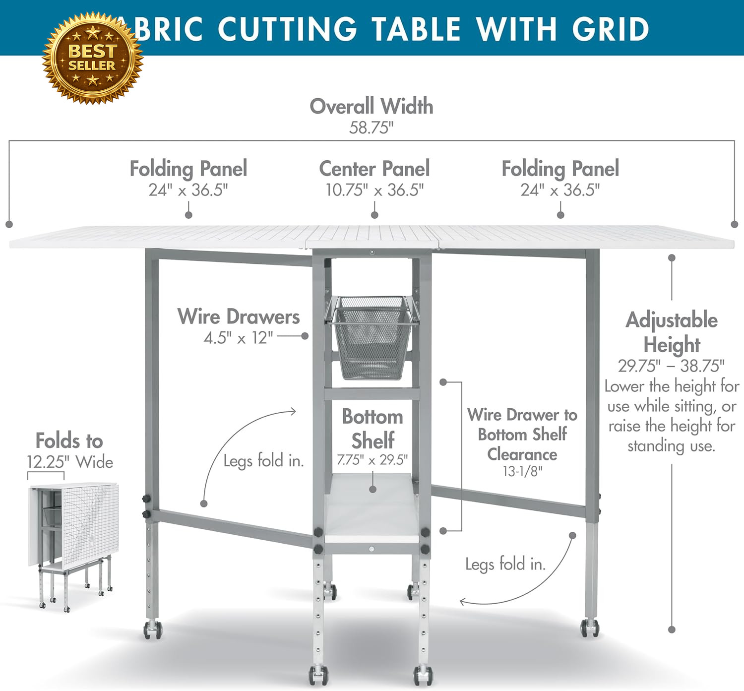 Foldable Hobby Cutting Grid Table 58.75″ Adjustable Craft Sewing Desk White