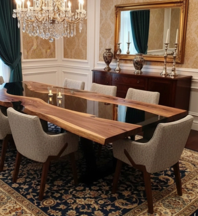 Luxury Live Edge Wood & Black Epoxy River Dining Table Top | Handmade Acacia TOP