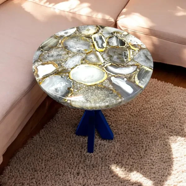 15″ Luxury Grey Agate Epoxy Table Crystal Side Table for Luxury Home Decor
