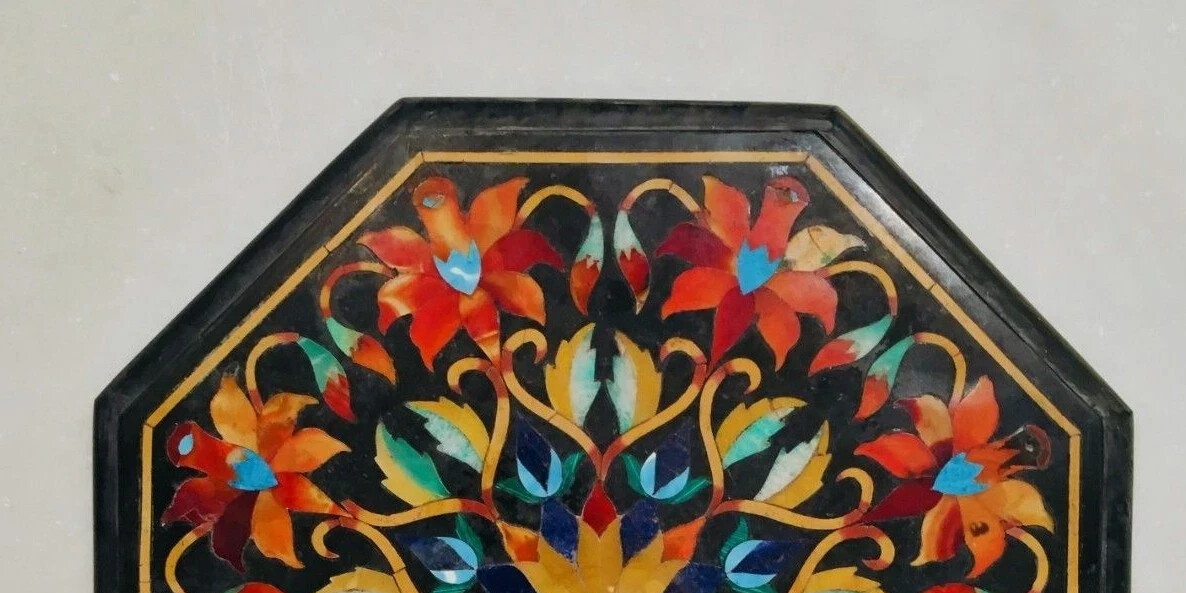 18″ Black Marble Table Top Inlay Pietra dura​ Handmade art Work Home Decor