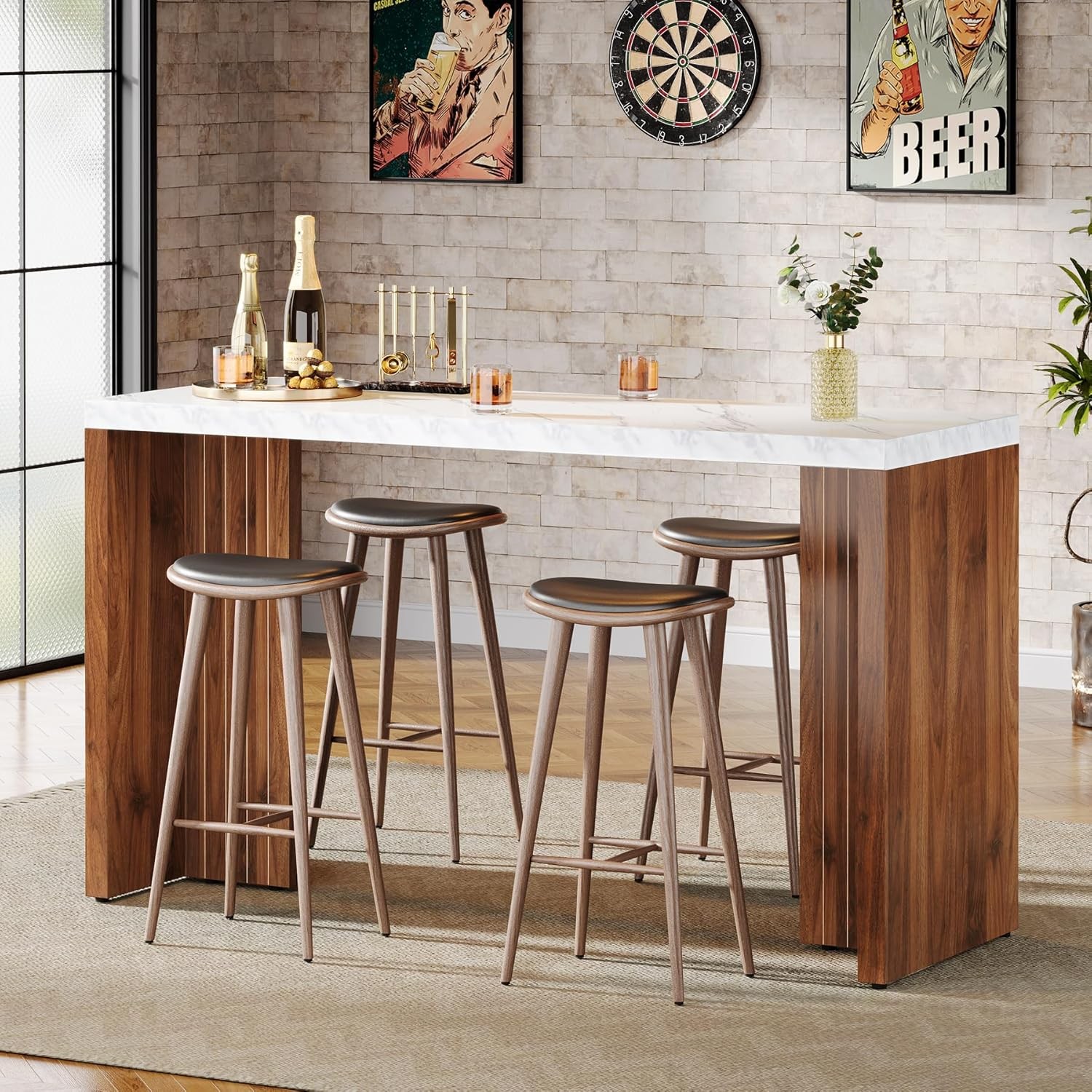 Home Bar Unit, 55.12-Inch Modern Bar Table with a Faux Marble Finished Tabletop