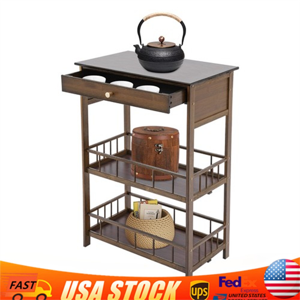 3 Tiers Side Table Side Table with Storage Drawer Bamboo End Table Tea Table