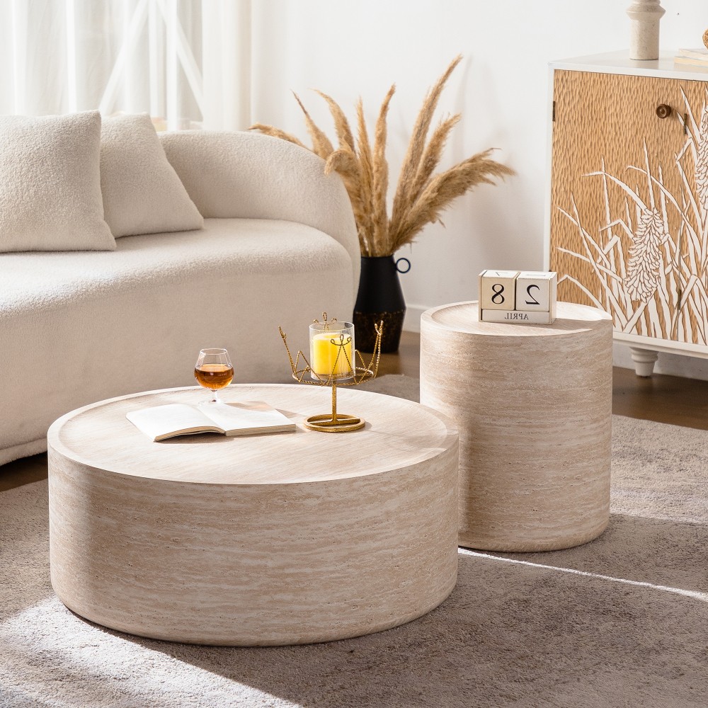 31.5 Inch Modern Drum Coffee Table w/ Mars Pattern, No Assembly Required