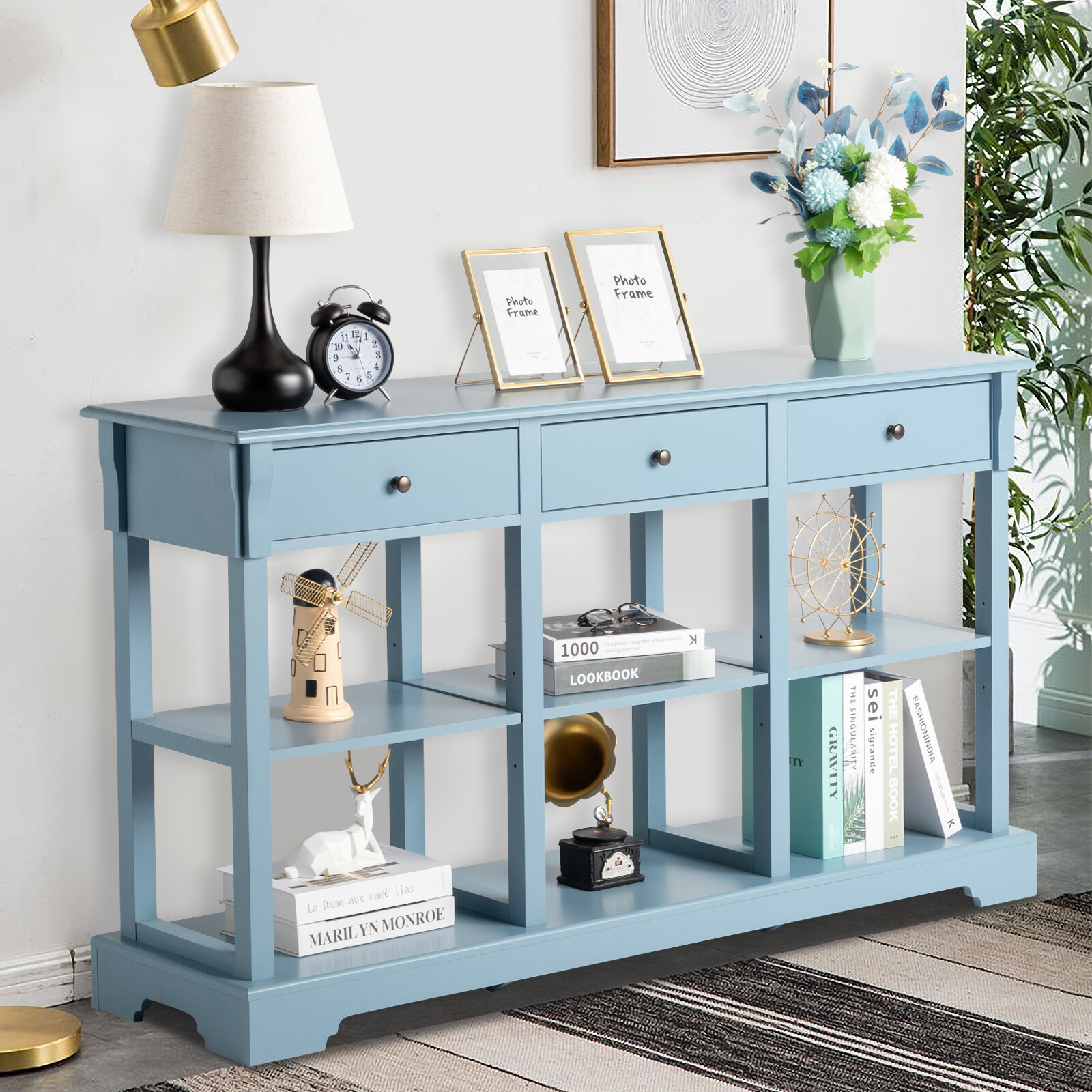 Retro Console Table for Entryway Storage Cabinet Sofa Table with Drawers Shelves