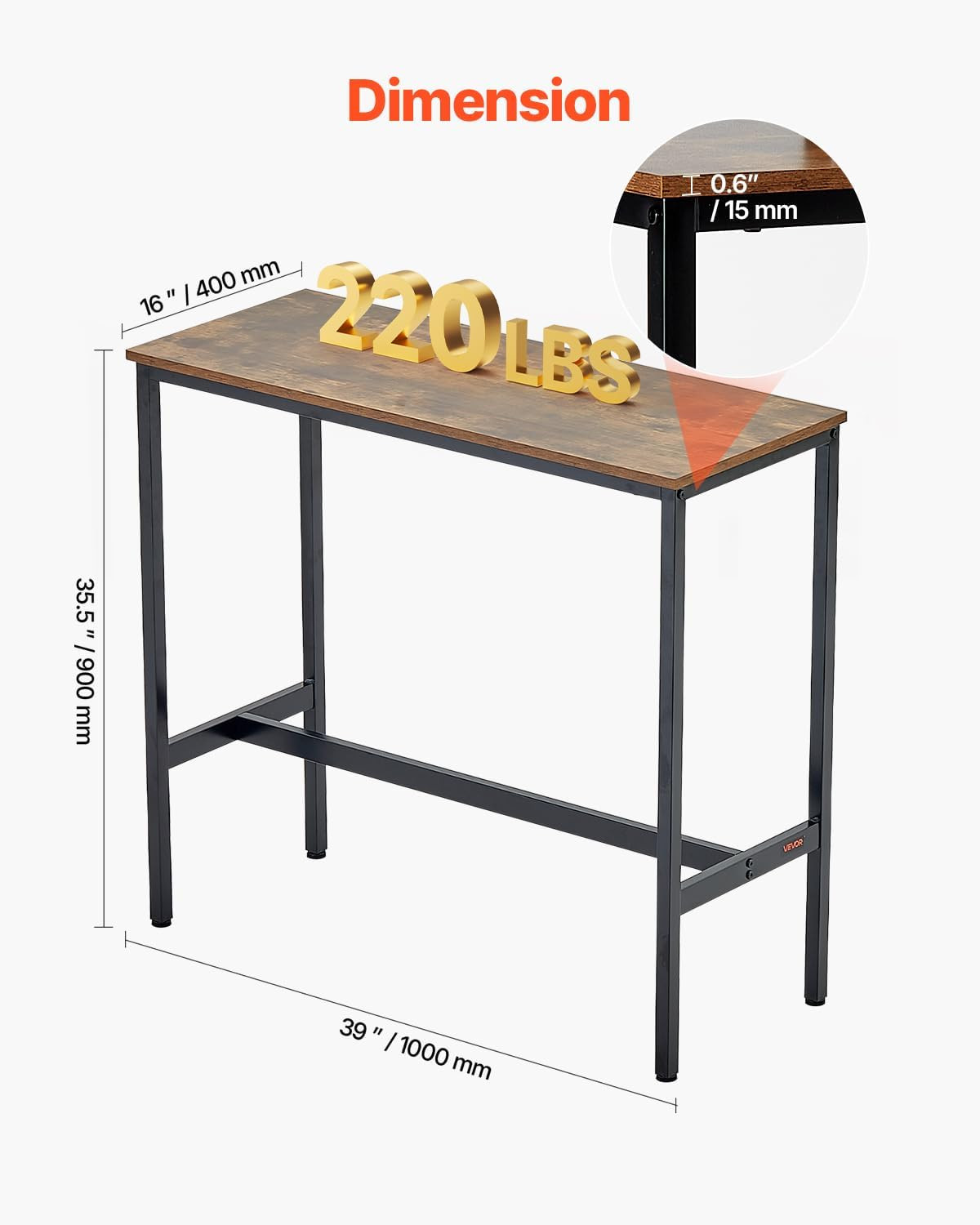 Bar Table, Sturdy Metal Frame High Top Pub Table, Narrow Long Kitchen Dining, Co