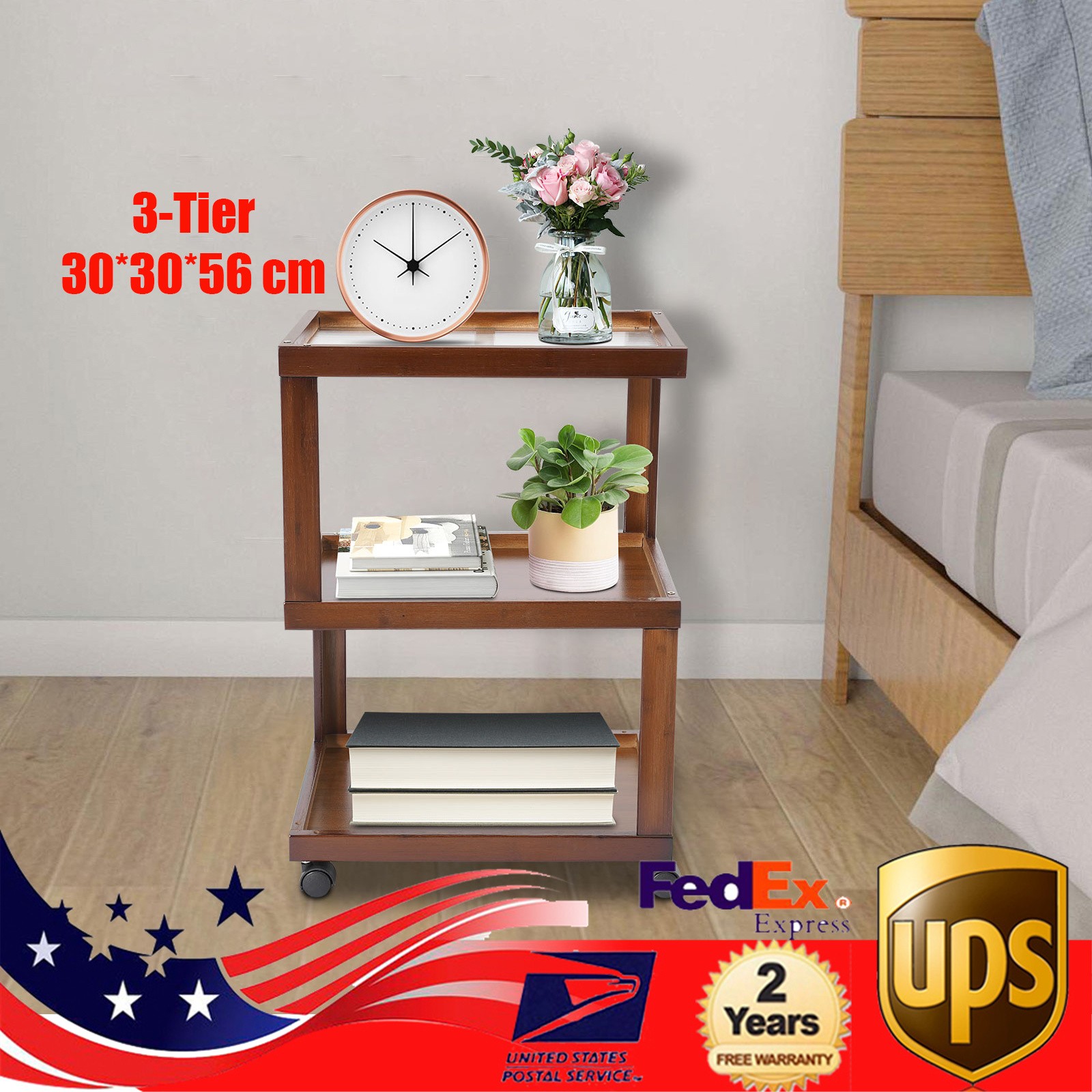 3-Tier Dark Brown Wood Nightstand End Table for Small Spaces with Open Storage