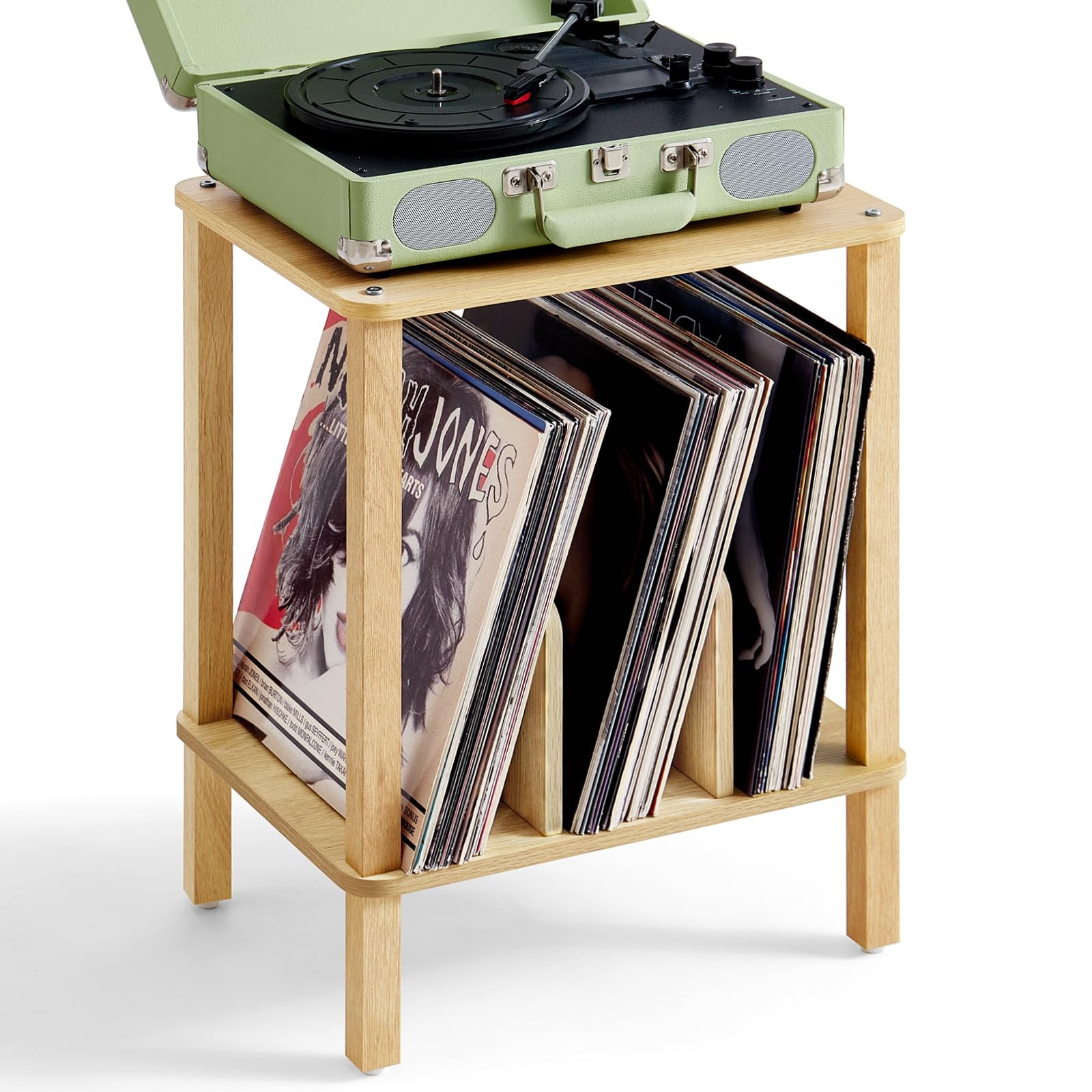 2-Tier Bamboo Record Player Stand with Vinyl Record Storage up to 100 Albums,…
