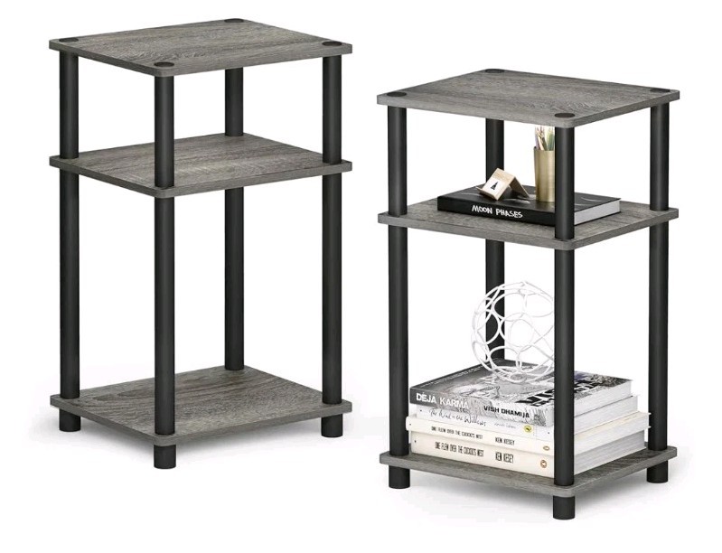 3-Tier End Table (2 Table Set) French Oak Gray Wood & Black PVC Poles 22.8″ Tall