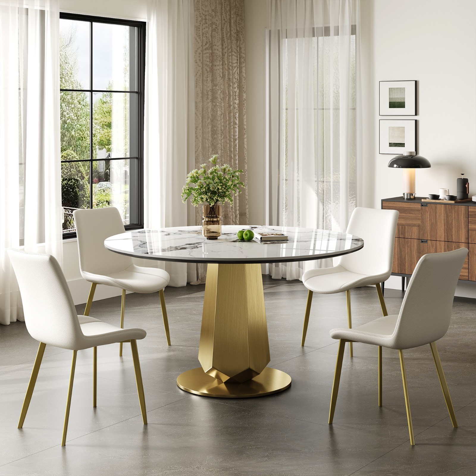 53″ Luxury Round Stone Table Gold Base Saves Space Fits 4-8