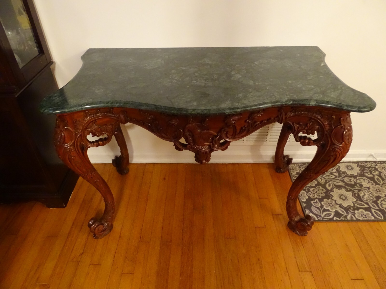 Green Marble Top Console Table Walnut Wood Carved Oriental Indonesian Vintage