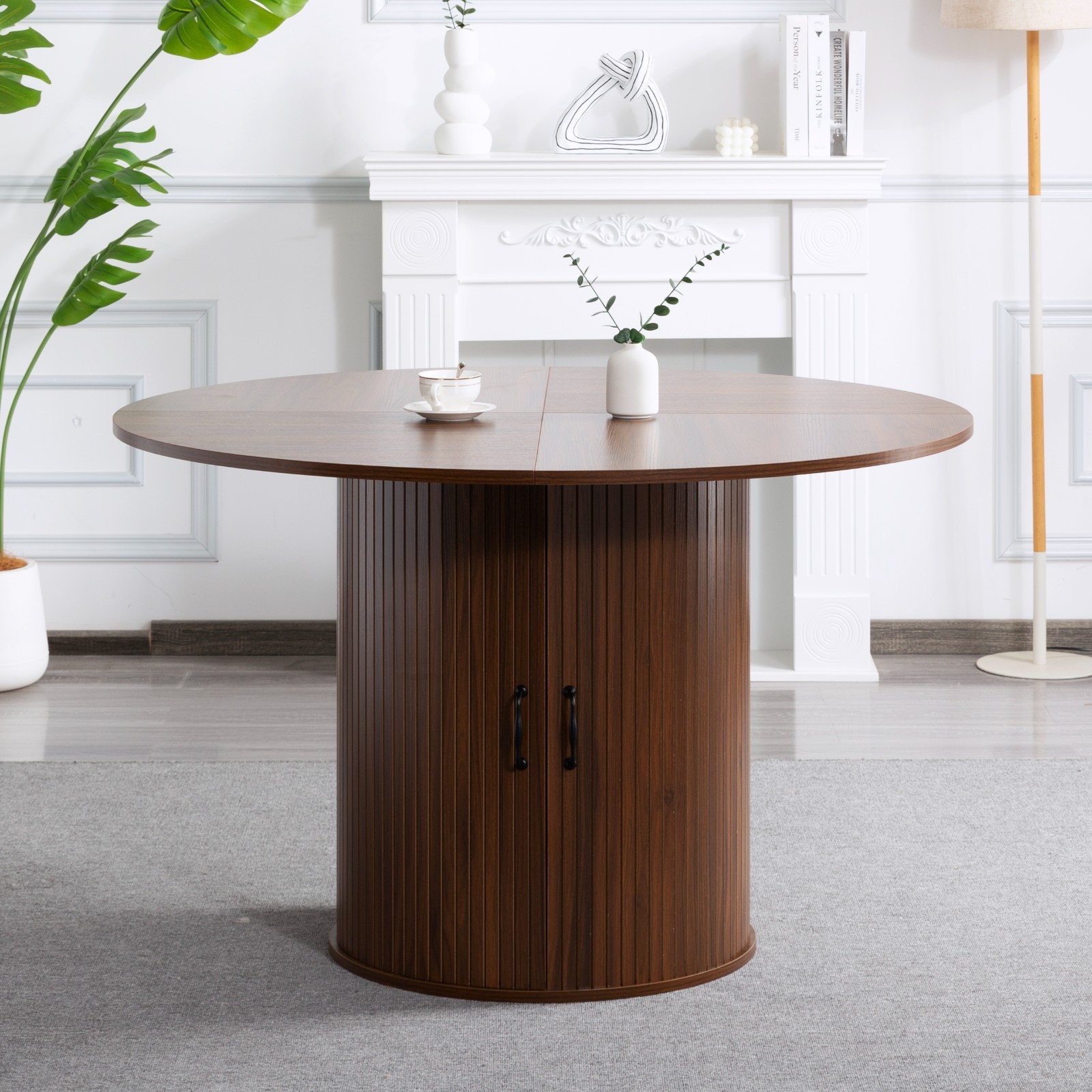 Extendable Round Dining Table Walnut Oval Kitchen Table Seats 4-6