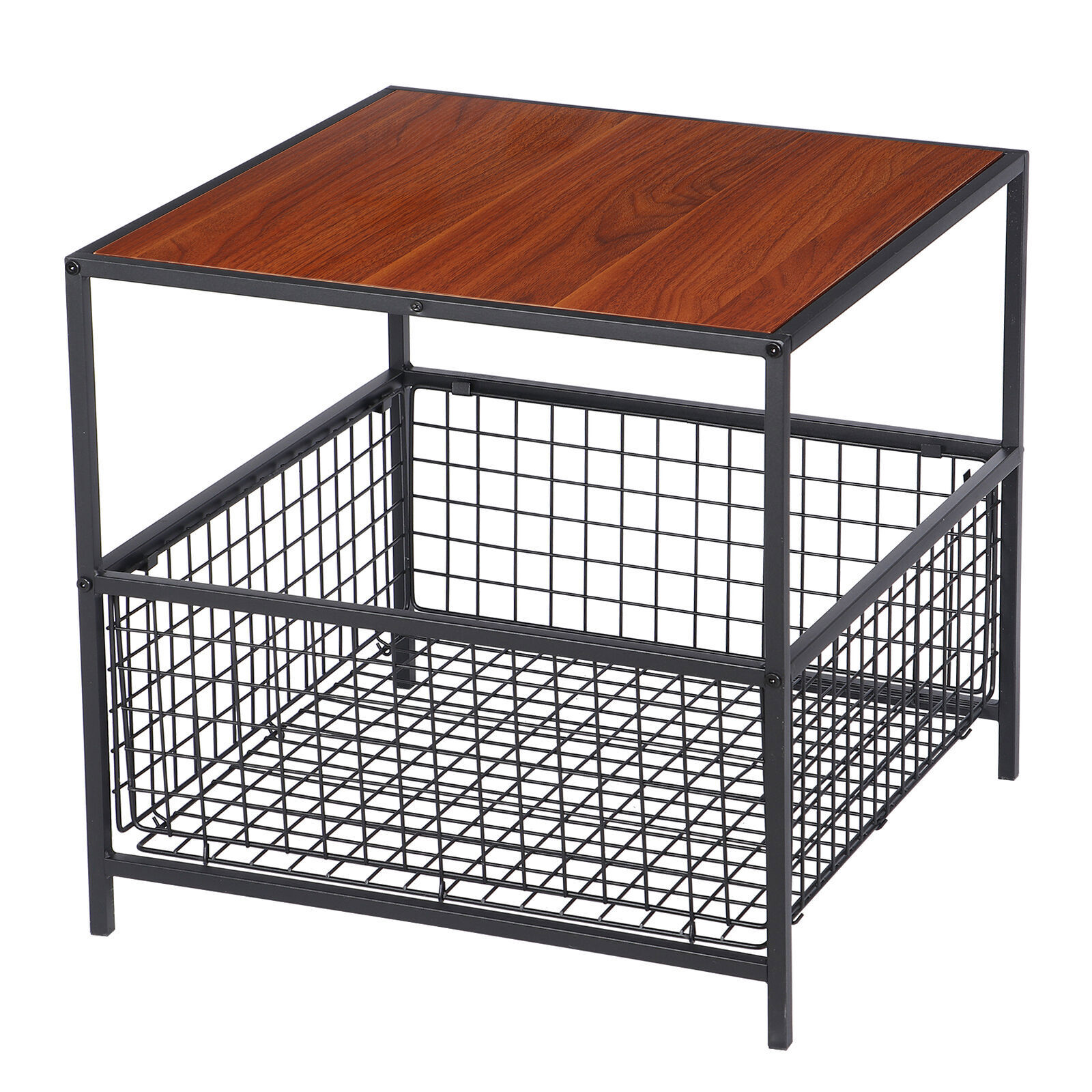 20 inch Black Frame Side End Table with Storage Basket Wooden Top Living Room