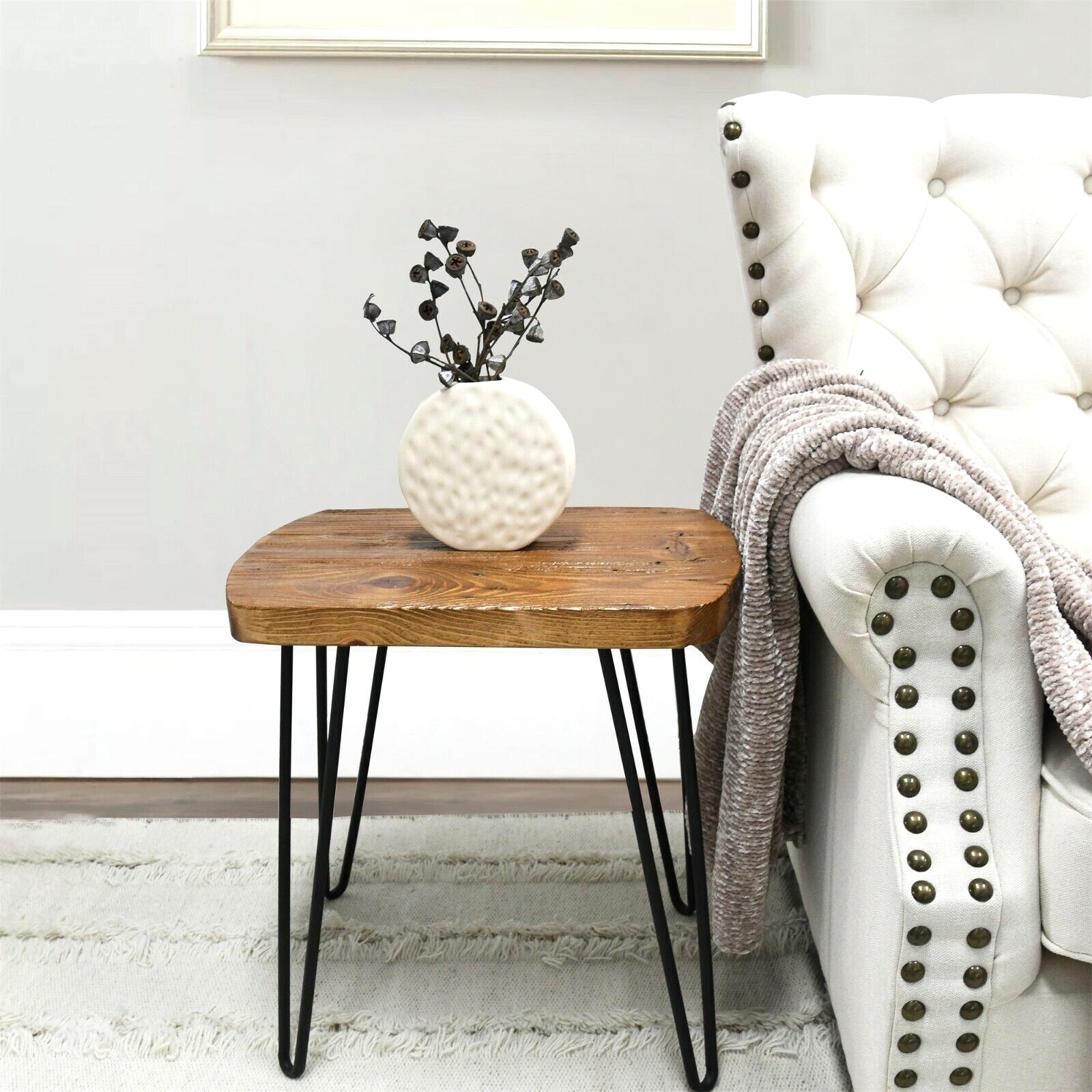 GREENAGE Oval Old Pine Wood End Table Rustic Surface Side Table 20.5″H Farmhouse