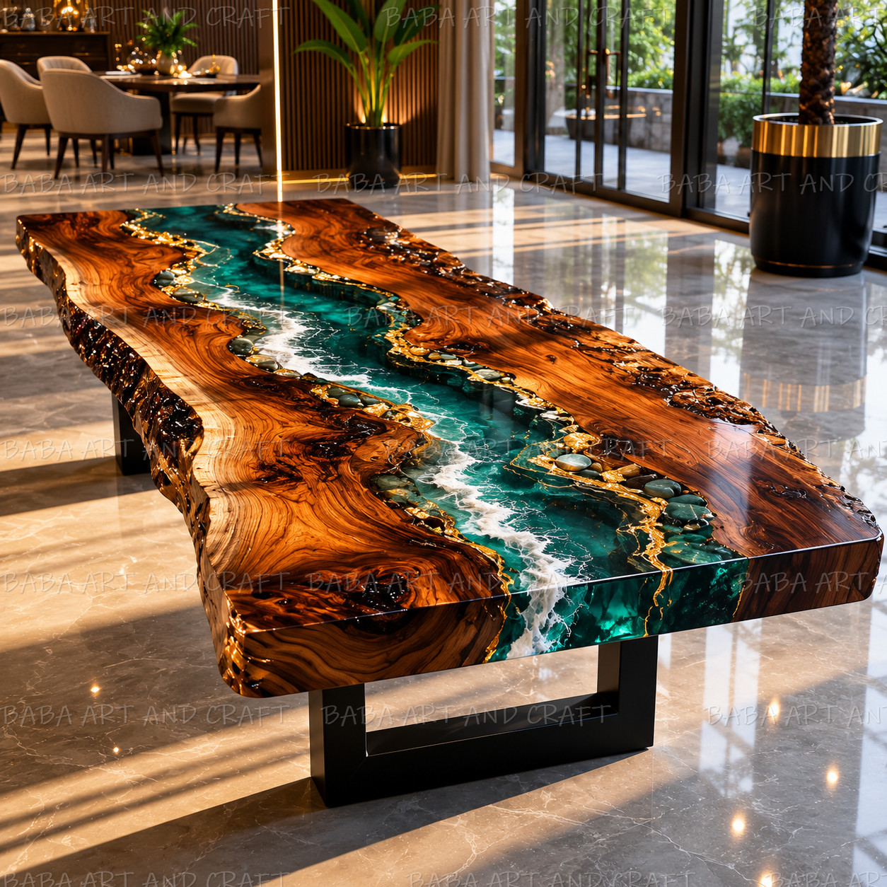 Luxury Live Edge Epoxy River Dining Table Walnut Wood Custom Ocean Wave Table