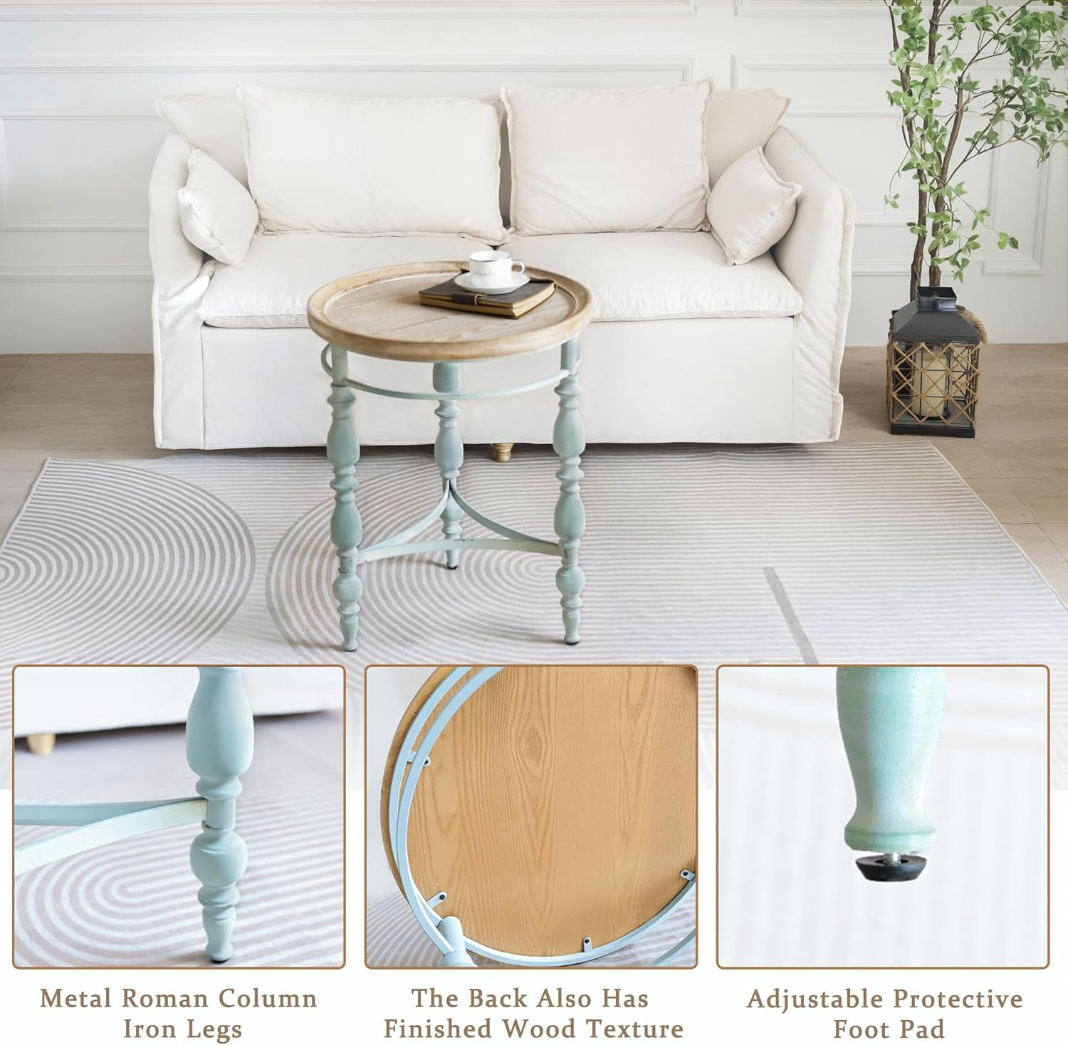 Rustic Farmhouse Round End Table with Vintage Iron Legs, 20.1” x 23.6”H
