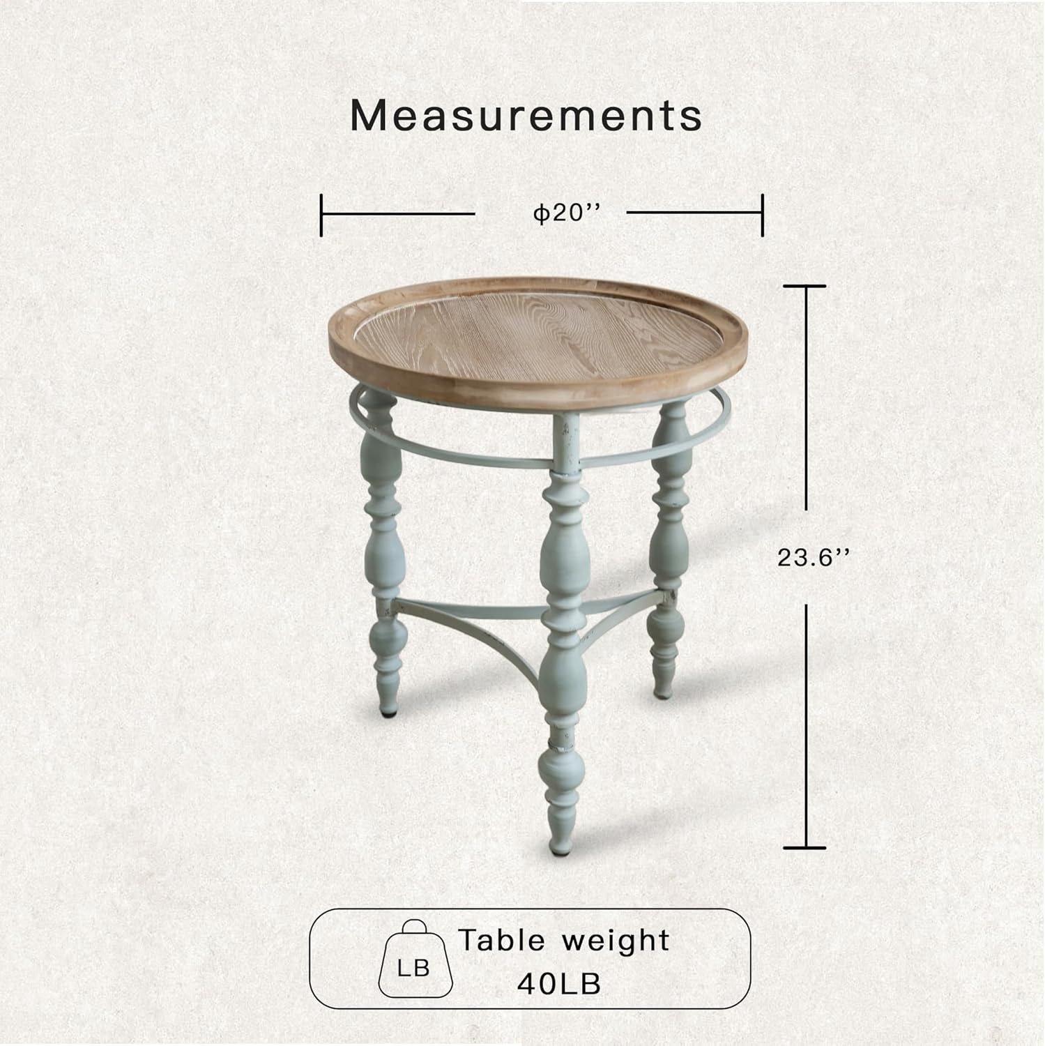Rustic Farmhouse Round End Table with Vintage Iron Legs, 20.1” x 23.6”H