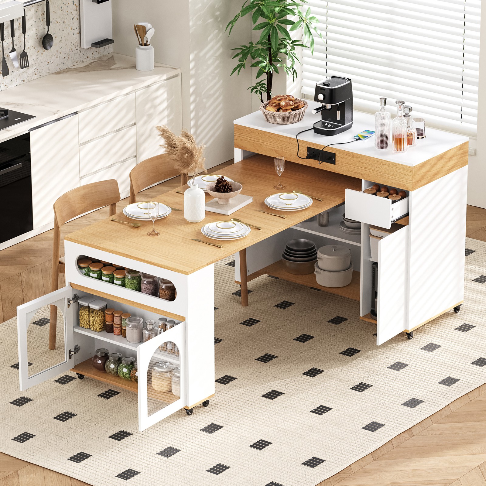 Extendable Dining Table with Removable Leaves Mobile Rolling Farmhouse