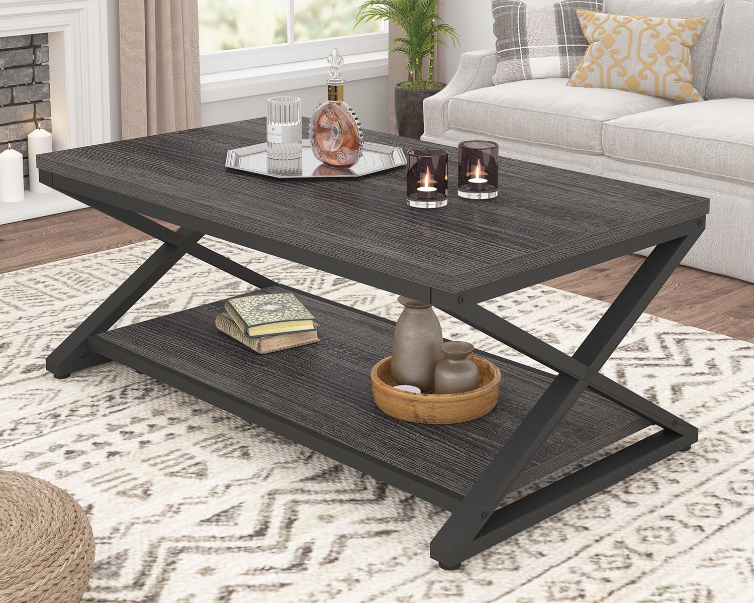 Gray Storage Coffee Table, Modern Center Table for Living Room with Display S…
