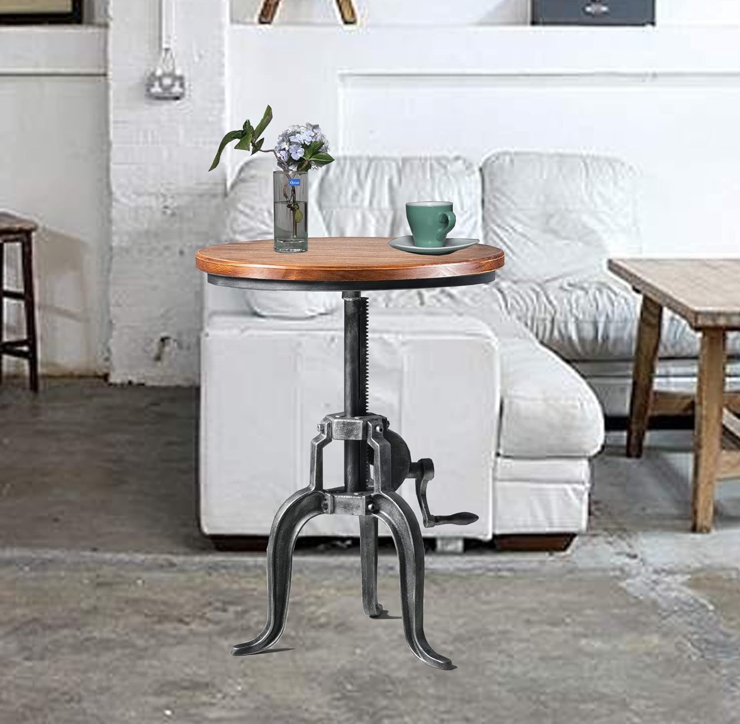 Adjustable Antique Crank Side Table – Cast Iron Farmhouse Accent Piece